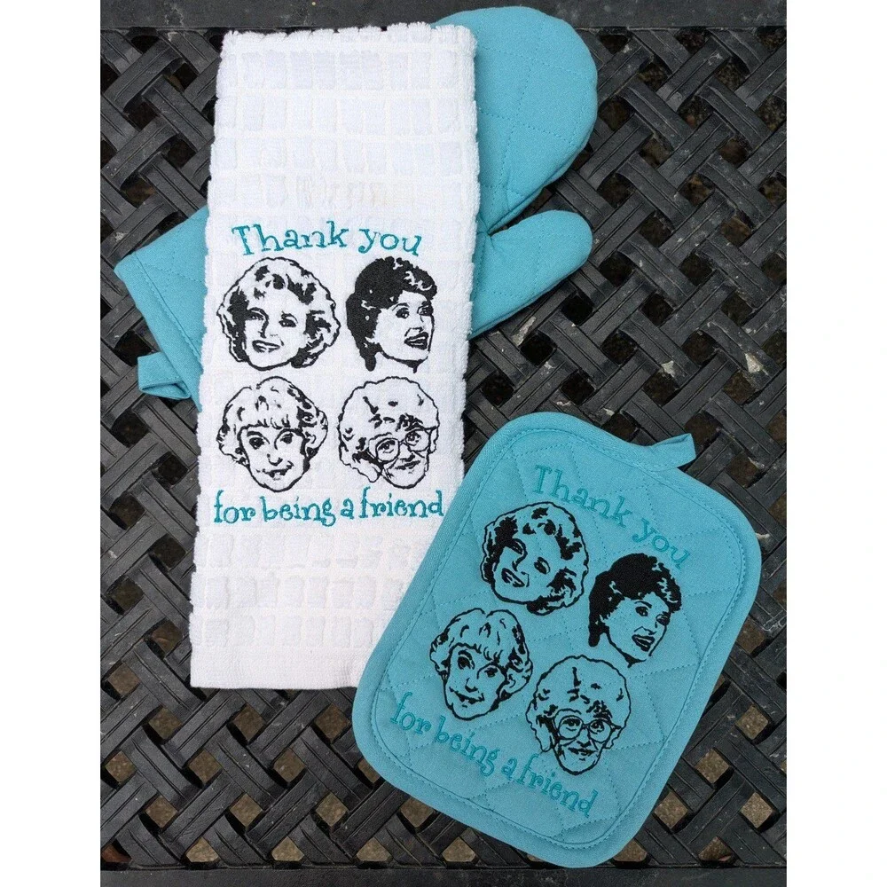 Golden girls embroidered kitchen set. Hot pad/ trivet kitchen towel, oven mitt